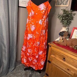 Amazon Essentials Vibrant Orange Dress with Pink Floral Design
